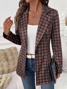 SHEIN Clasi 女款格紋翻領單扣休閒西裝外套 - 彩色 - 查看 1