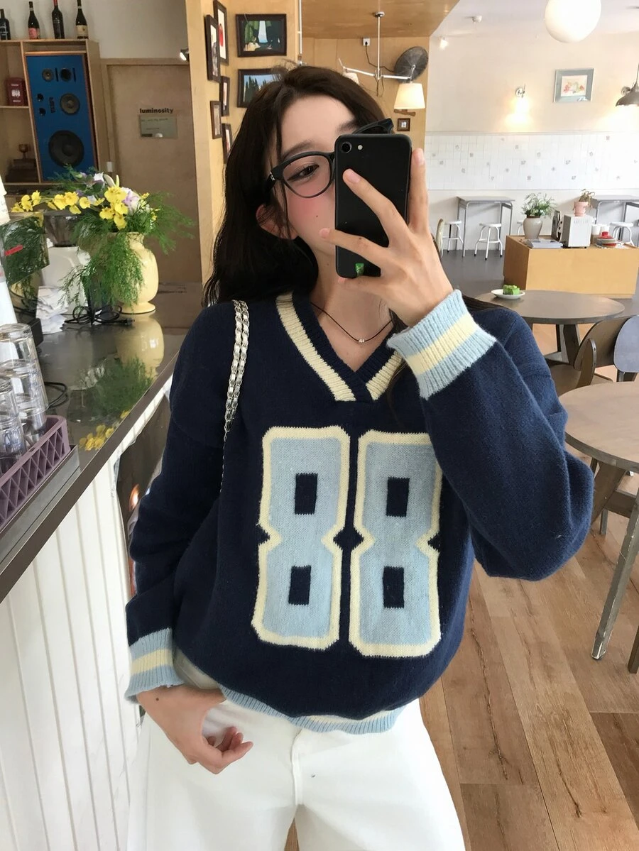 DAZY Women's V-Neck Korean Style English Letter Print Long Sleeve Deer Fleece Sweater Fall - Blue - View 1