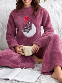 SHEIN Solid Color Cute Sleepy Bunny Moon Embroideried Plush Casual Fuzzy Pajama Set - Navy Blue - View 4