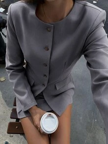 Avenya 2pcs Minimalist Round Neck Button-Up Tie Blazer & Low Waist Skirt - Grey - View 2