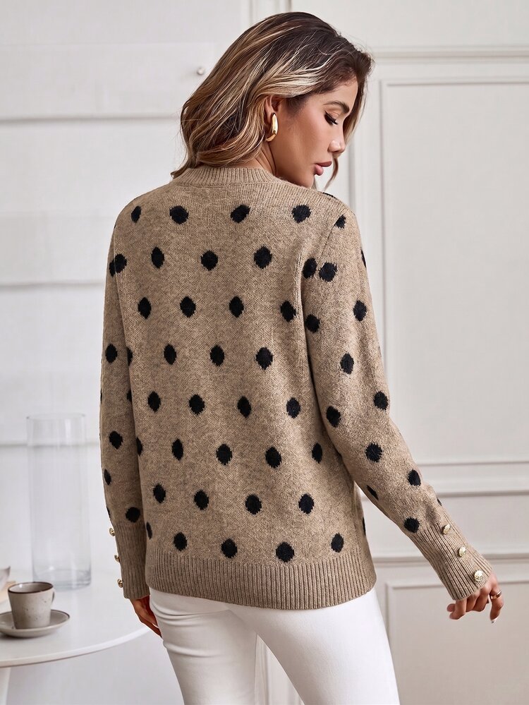 SHEIN LUNE Autumn/Winter New Khaki Polka Dot Women's Small Round Neck Long Sleeve Metal Button Casual Elegant Daily Commute Home Wear Knit Pullover Sweater - Khaki - View 2