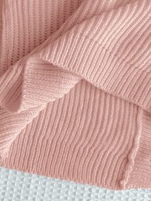 SHEIN 青少年女孩純色V領開襟短版寬鬆落肩長袖秋季毛衣 - 粉色 - 查看 5