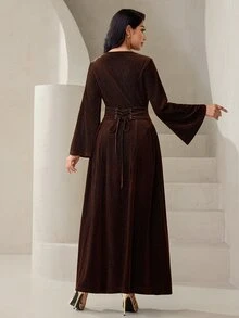 Veilorie Women's Elegant Bell Sleeve Arabian Dress - Coffee Brown - View 2