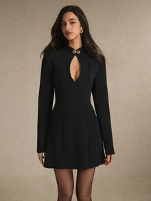 Poéselle Women's Solid Color Cutout Design Long Sleeve Fashion Dress - Black - View 4