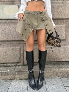 StreetHx Fashion Casual Vintage Court Style Napoleon Multi-Button Double Waist Low-Waist Denim Skirt - Army Green - View 4