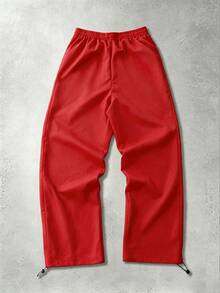 ROMWE MEN Street Life Pantalones holgados con cordón en la cintura y estampado de letras para hombre - Rojo - Ver 3
