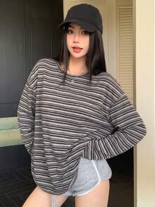 DAZY 女款寬鬆條紋拼色長袖長版T恤 - 藍色和黑色 - 查看 5