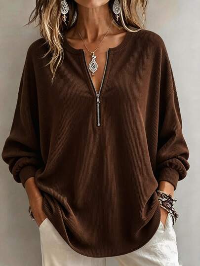 SHEIN Women's Brown Half-Zip Crew Neck Top, Vertical Striped Corduroy Loose Drop Shoulder Lantern Long Sleeve T-Shirt, Commute Casual Korean Style Daily Wear, Relaxed Versatile, Women's Autumn/Winter Top