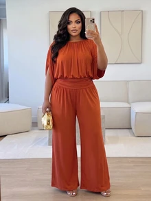 Poshavie Poshavie Plus Size Draped Batwing Sleeve Two Pieces Set, Boat Neck Ruched Top & High Waist Wide Leg Pants Eleg - Rust Brown - View 3