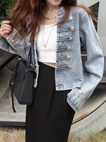 FRIFUL Women's Long Sleeve Zipper Front Casual Napoleon Denim Jacket - Blue - View 4