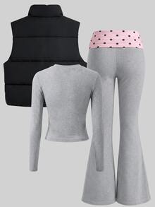 SHEIN 3件組青少年女孩休閒絎縫背心、長袖修身T恤與V腰長褲套裝，外套，秋季穿搭，舒適日常寬鬆套裝 - 灰色 - 查看 4
