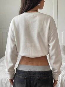 SHEIN EZwear Sweatshirt Wanita Kasual Minimalis dengan Motif Cetak, Kerah Bulat, Lengan Panjang, Tebal, dan Longgar - Putih - View 2