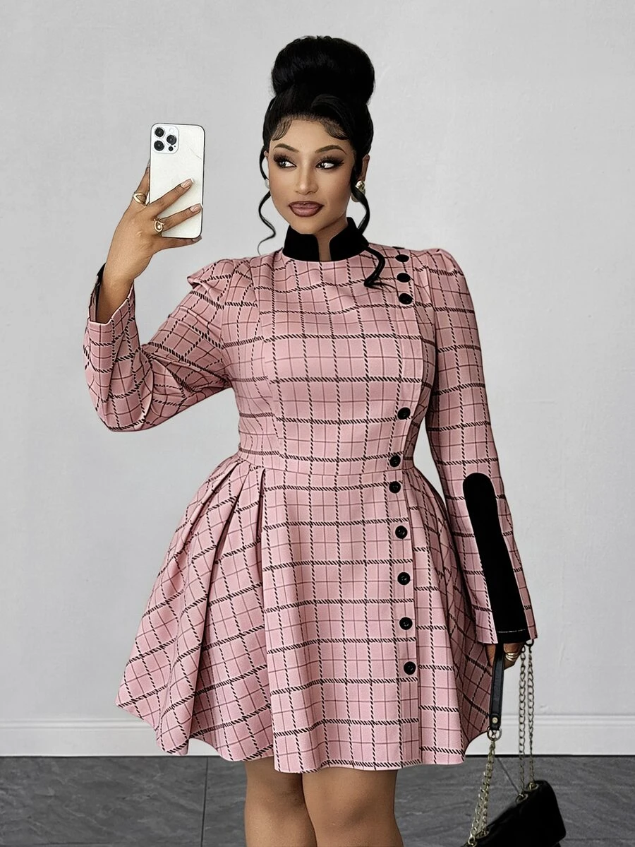 Maweii Plus Size Vintage Sweet Plaid Cinched Waist Button Pleated Dress Fall - Multicolor - View 1