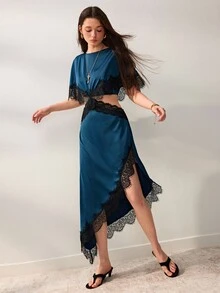 Willow Rêve Women's Green Batwing Sleeve Waist Cutout Contrast Lace Asymmetrical Hem Midi Dress - Green - View 5
