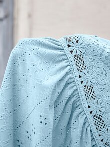 SHEIN 孕婦度假休閒純色蕾絲拼接細肩帶背心 - 藍色 - 查看 7