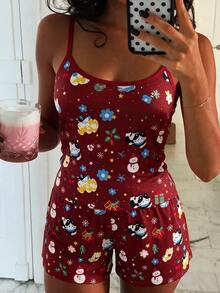 Franclia Plus Size Women Casual Vacation Style Cartoon Print Camisole And Shorts Set - Red - View 6