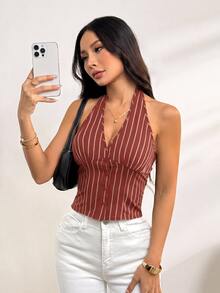 SHEIN PETITE سترة نسائية من القطن مخططة بياقة واقفة وأزرار أمامية فردية، بليزر خفيف للخريف/الشتاء - لون برتقالي - مشاهدة 8
