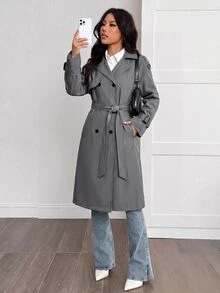 SHEIN PETITE 女款素色長袖保暖內裡休閒風衣 - 灰色 - 查看 5