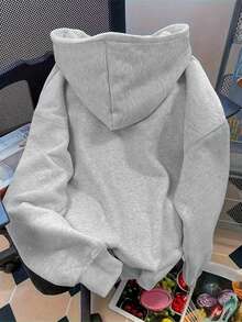 EMERY ROSE Plus Size Women's Solid Color Casual Hoodie Sweatshirt, Autumn/Winter - Light Grey - View 2