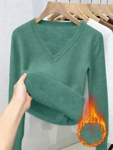 Franclia 女款秋冬休閒純色保暖內裡標準肩長袖V領底層針織衫 - 0.霧綠 - 查看 3