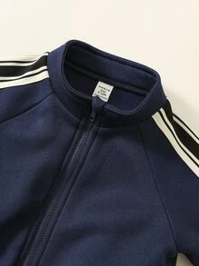 SHEIN 男女嬰兒適用，男嬰2件組秋冬加厚抓絨休閒可愛運動衫套裝，嬰兒冬季套裝，運動服，慢跑褲 - 藏蓝色 - 查看 5