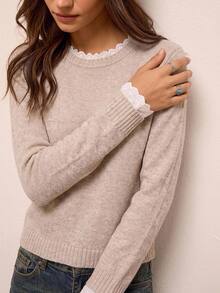Freevana Women's Contrast Lace Round Neck Long Sleeve Casual Sweater - Khaki - View 4