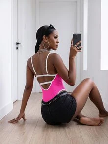 Zolique Women's Colorblock Camisole Style Sports Jumpsuit - Hot Pink - View 3