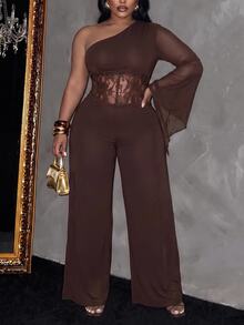 Slaydiva Plus Size Women's Lace Patchwork One Shoulder Casual Daily Jumpsuit - Brown - View 7