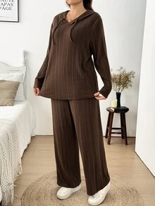 Easowa Curve Plus Size Autumn/Winter Casual Solid Color Hoodie & Pants 2 Pieces Set - Coffee Brown - View 6
