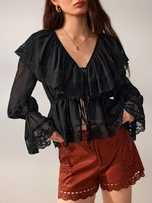 Willow Rêve Kemeja Longgar Hitam Wanita, Patchwork Renda Bunga Transparan, Kerah Berkerut, Ikatan Depan & Desain Lengan Lentera, Gaya Romantis Barat Musim Panas, Cocok Untuk Pesta - Hitam - View 3