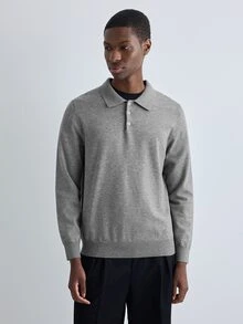 Merionis Men's Solid Color Polo Collar Long Sleeve Casual Versatile Sweater - Light Grey - View 5