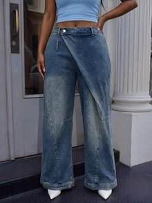 Slaydiva Plus Size Casual Washed Design Denim Jeans - Blue - View 1