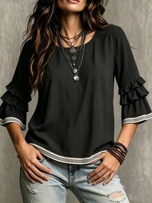 Glimmora Women's Summer Autumn New Contrast Color French Casual Loose Ruffle 3/4 Flare Sleeve Plus Size Blouse - Black - View 6