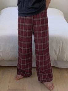 DAZY Spring/Autumn Burgundy Plaid Brushed Fabric Elastic Waist Long Pants Men's Loungewear Bottoms - Burgundy - View 5