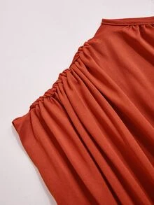 Poshavie Poshavie Plus Size Draped Batwing Sleeve Two Pieces Set, Boat Neck Ruched Top & High Waist Wide Leg Pants Eleg - Rust Brown - View 9
