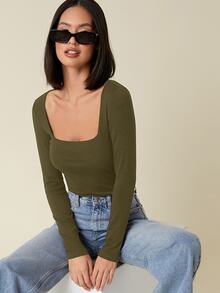SHEIN BASICS 女款休閒純色方領修身T恤上衣 深綠色 日常與夜生活穿搭 秋季 - 軍綠色 - 查看 5