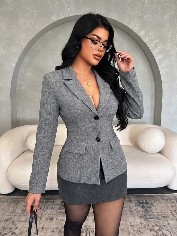 Vavine Grey-Blue Slim Fit Notched Lapel Waist-Cinching Slimming Commuter Blazer