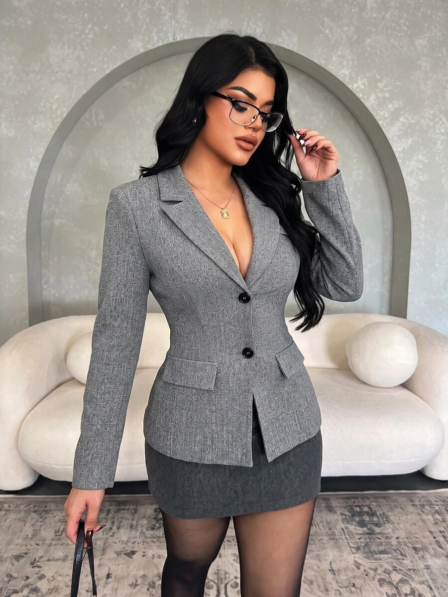 Vavine Grey-Blue Slim Fit Notched Lapel Waist-Cinching Slimming Commuter Blazer - Grey - View 1