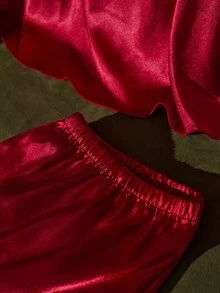 SilkySpell Wine Red Faux Silk V-Neck Embroidered Lace Trim Camisole & Shorts Plus Size Pajama Set - Burgundy - View 6
