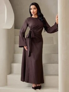 Veilorie Women's Solid Color Round Neck Long Sleeve Side Knot Long Dress - Coffee - View 7