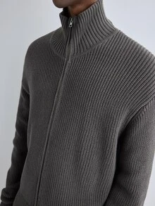 Merionis Men's Solid Color Long Sleeve Zipper Front Casual Knit Cardigan - Dark Grey - View 5