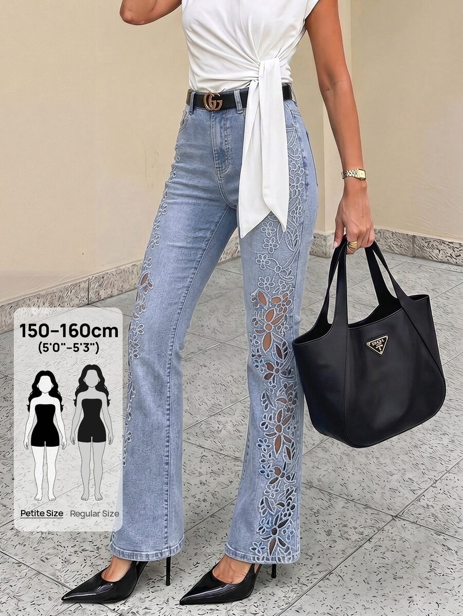 SHEIN PETITE Women's Hollow Floral Embroidered Jeans - Blue - View 1