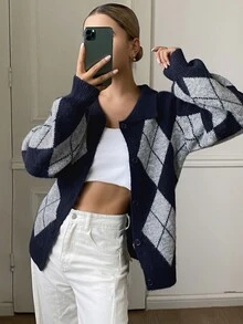 DAZY Women's Autumn Loose Fit Long Sleeve Argyle Pattern Navy & Grey Contrast Color Vintage Style Cardigan Sweater - Royal Blue - View 4