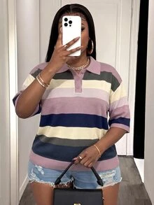 Slaydiva Plus Size Women's Colorblock Casual Daily Wear Knit Top - Multicolor - View 6