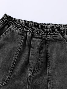 SHEIN 少女牛仔寬腿褲，春夏新品，休閒波希米亞風節慶平腰口袋寬腿牛仔褲，日常OOTD必備，淺洗黑牛仔色，春夏度假，彈性腰帶設計，寬鬆直筒寬腿版型，舒適棉質牛仔面料，百搭T恤，春夏度假，日常出遊，聚會，春夏牛仔度假出遊，棉質面料 - 黑色 - 查看 5