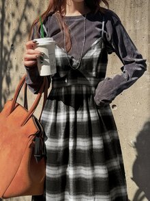 FRIFUL Women's Casual Plaid Spaghetti Strap Midi Dress, Autumn/Winter - Black - View 1