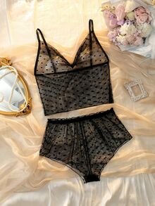 DelicateAllure 2pcs Black Mesh Patchwork Sheer Cowl Neck Pure Minimalist Women's Pajama Set - Black - View 1