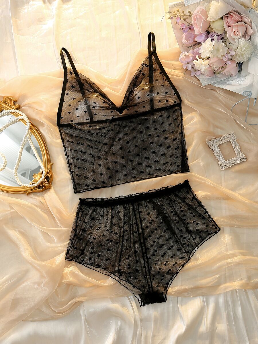DelicateAllure 2pcs Black Mesh Patchwork Sheer Cowl Neck Pure Minimalist Women's Pajama Set - Black - View 1