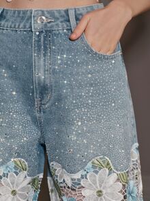 Anewsta Women's Elegant Floral Lace Patchwork Straight Leg Denim Jeans With Pockets - Blue - View 2