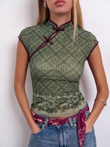 Nöista Top de manga corta, cuello alto estilo chino, con abertura diagonal. - Verde Oliva - Ver 3